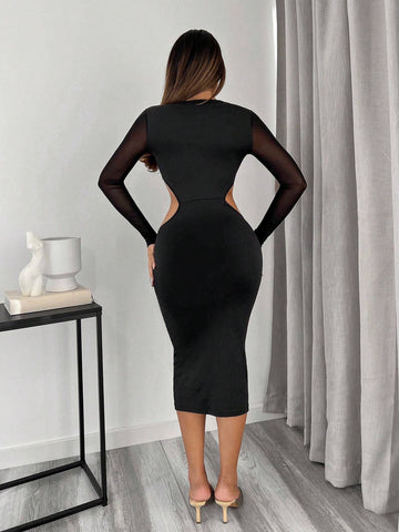 Plunging Neck Cut Out Contrast Mesh Bodycon Dress