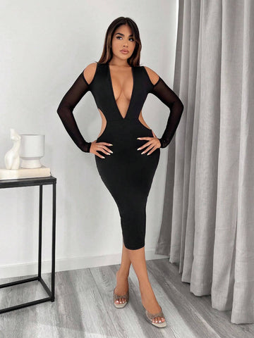 Plunging Neck Cut Out Contrast Mesh Bodycon Dress