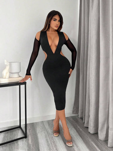 Plunging Neck Cut Out Contrast Mesh Bodycon Dress