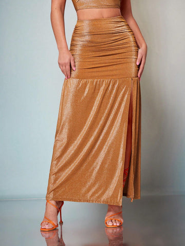 BAE High Waist Ruched Split Thigh Glitter Skirt