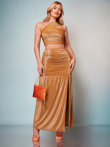 BAE High Waist Ruched Split Thigh Glitter Skirt