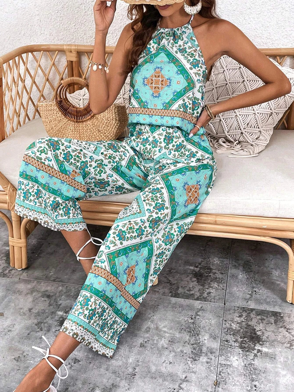 Scarf Print Halter Top & Wide Leg Pants