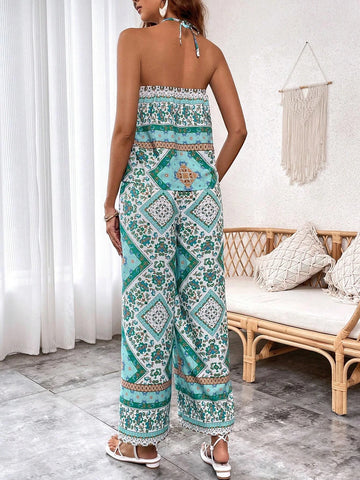 Scarf Print Halter Top & Wide Leg Pants