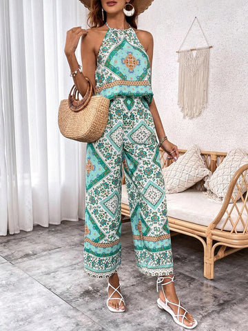 Scarf Print Halter Top & Wide Leg Pants