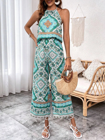 Scarf Print Halter Top & Wide Leg Pants