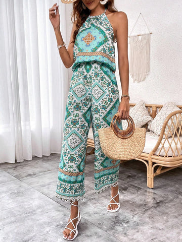 Scarf Print Halter Top & Wide Leg Pants