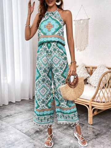 Scarf Print Halter Top & Wide Leg Pants