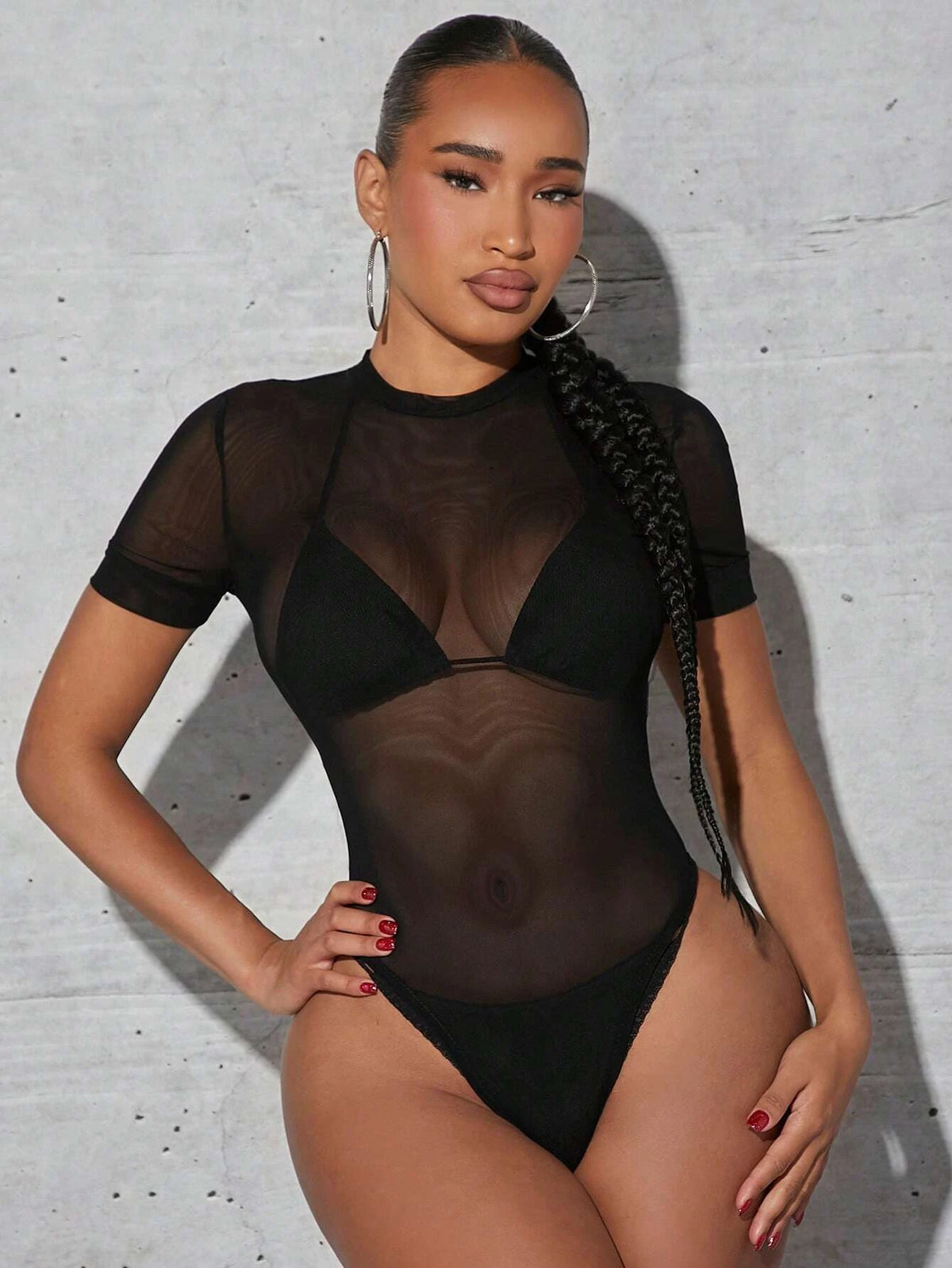 Solid Sheer Mesh Bodysuit Without Lingerie Set