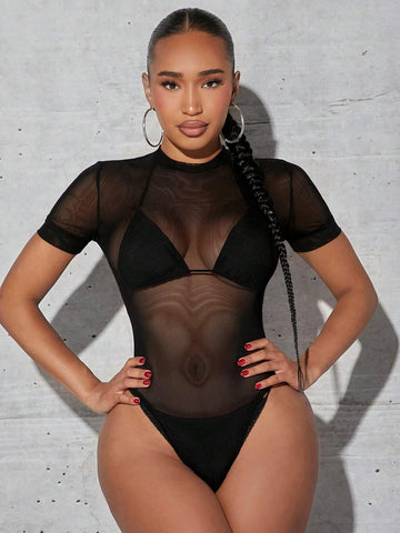 Solid Sheer Mesh Bodysuit Without Lingerie Set