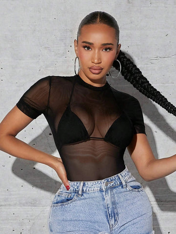 Solid Sheer Mesh Bodysuit Without Lingerie Set