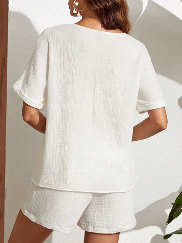 Solid Button Front Blouse & Tie Front Shorts