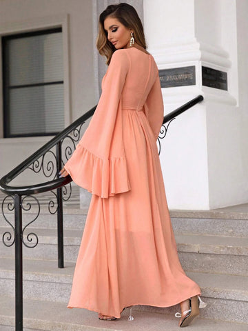Joyfunear Plunging Neck Flounce Sleeve Split Thigh Chiffon Dress