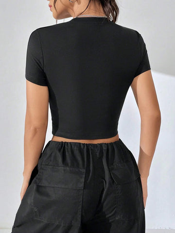 EZwear Motorcycle & Letter Graphic Crop Tee