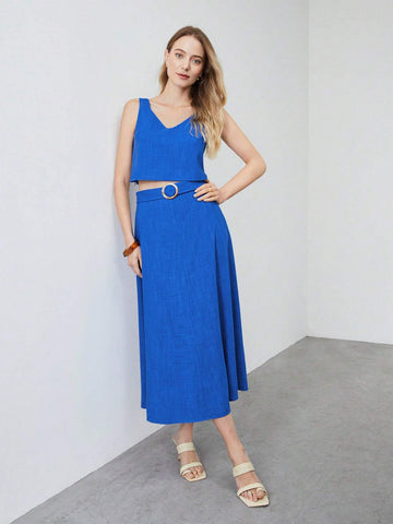 MOTF PREMIUM LINEN VISCOSE CAMI BELTED SKIRT SET