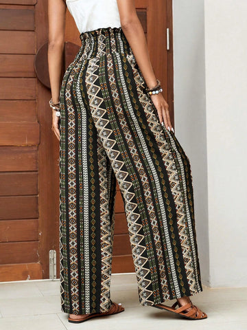 EMERY ROSE Geo Print Paperbag Waist Wide Leg Pants
