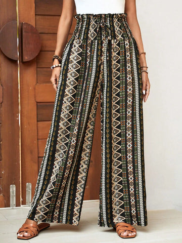 EMERY ROSE Geo Print Paperbag Waist Wide Leg Pants