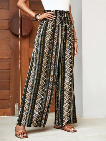 EMERY ROSE Geo Print Paperbag Waist Wide Leg Pants