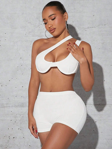 Asymmetrical Neck Cut Out Crop Top & Biker Shorts