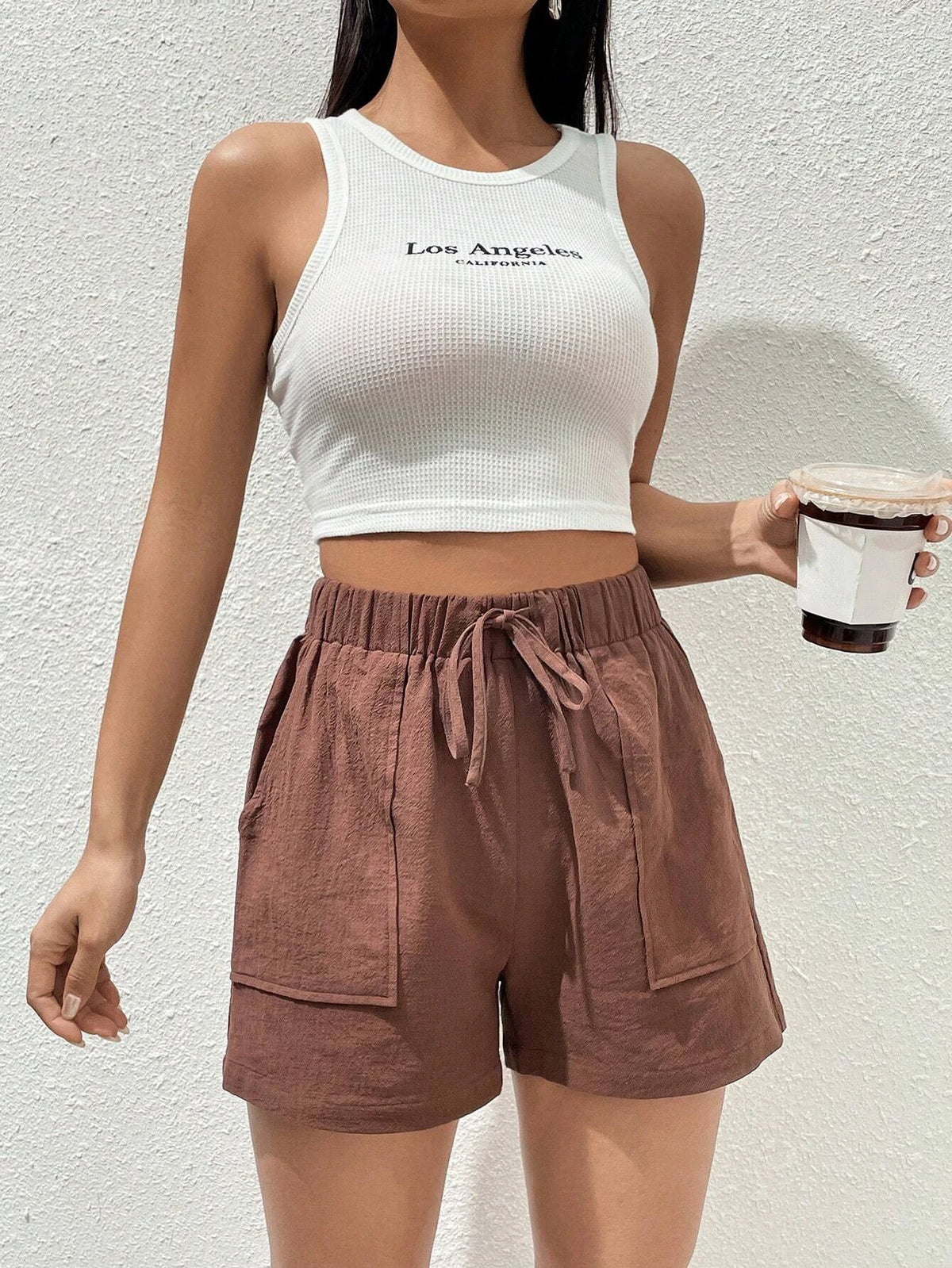 EZwear Tie Waist Slant Pocket Shorts