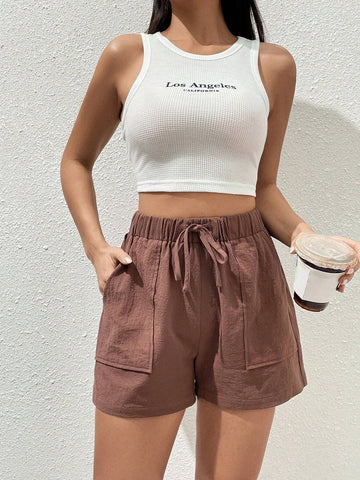 EZwear Tie Waist Slant Pocket Shorts