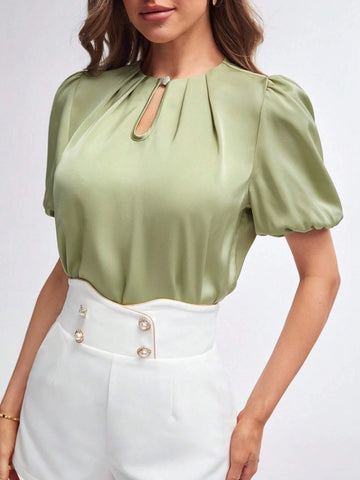 Keyhole Neck Puff Sleeve Blouse