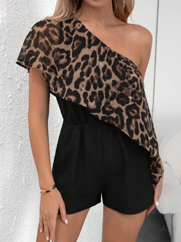 EMERY ROSE Leopard Print One Shoulder Slant Pocket Romper