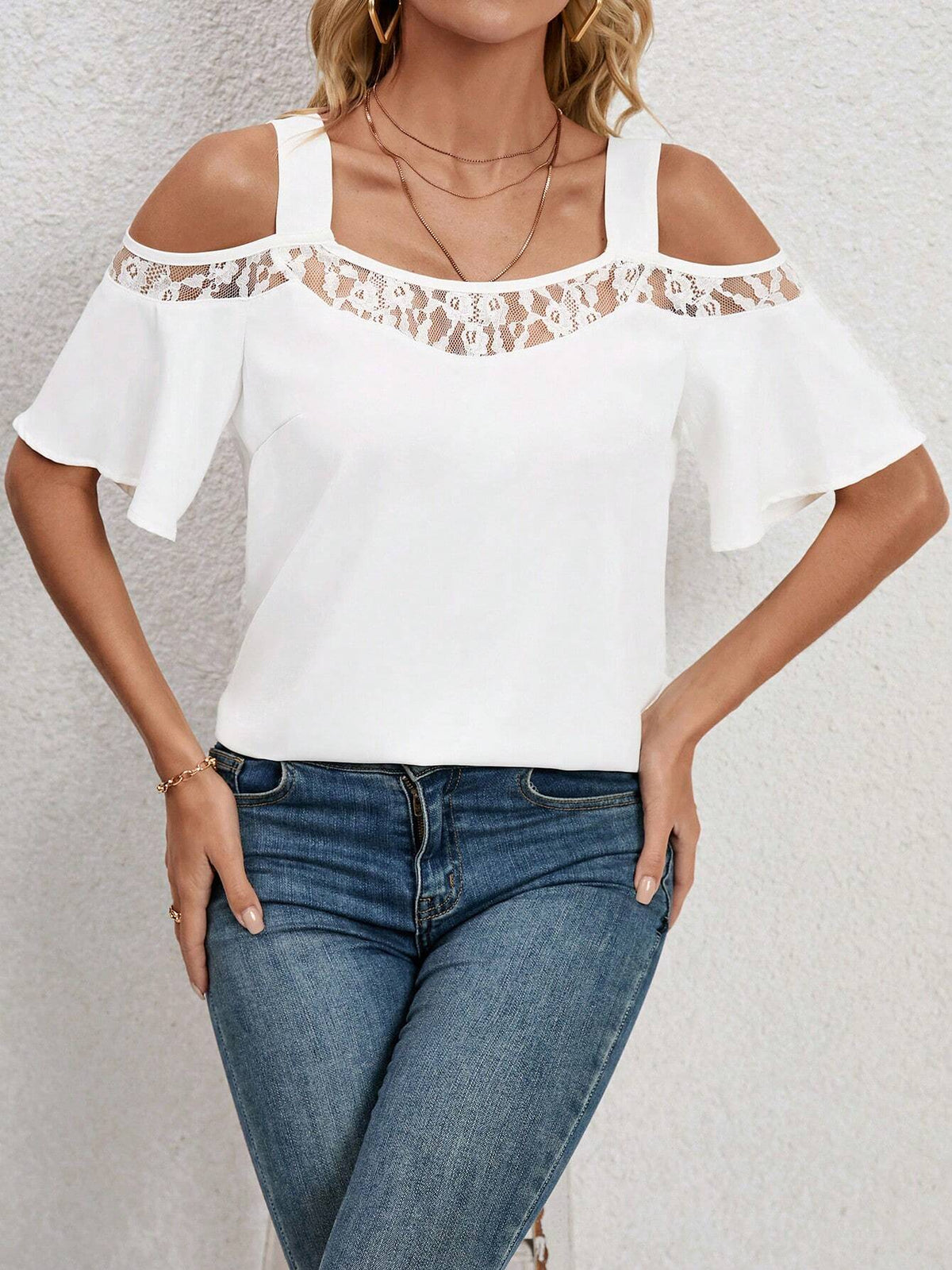 Contrast Lace Cold Shoulder Blouse