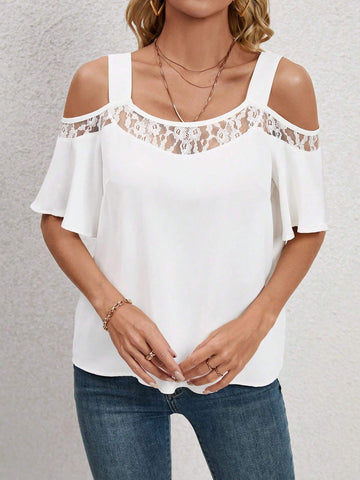 Contrast Lace Cold Shoulder Blouse