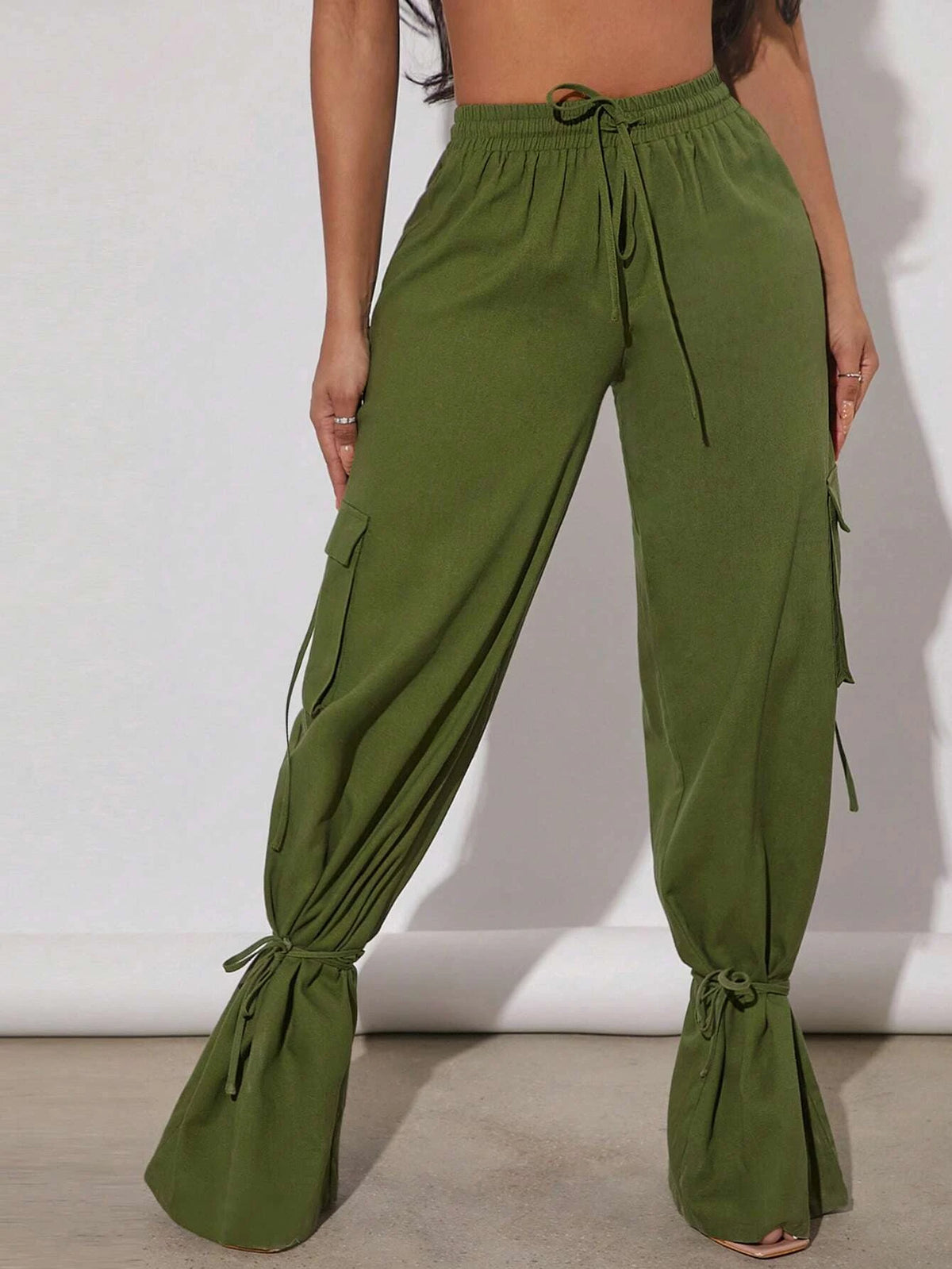 Drawstring Waist Flap Pocket Side Cargo Pants