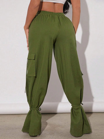 Drawstring Waist Flap Pocket Side Cargo Pants