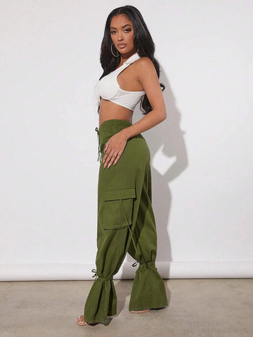 Drawstring Waist Flap Pocket Side Cargo Pants
