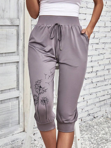 EMERY ROSE Dandelion Print Tie Front Slant Pocket Pants