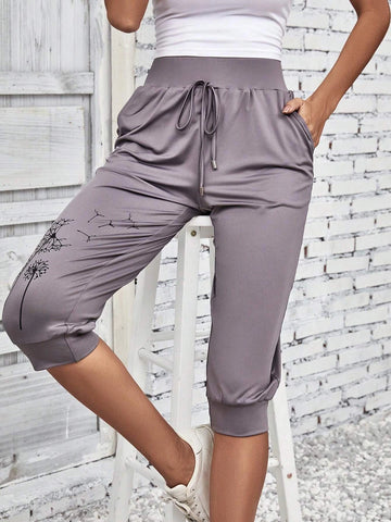 EMERY ROSE Dandelion Print Tie Front Slant Pocket Pants