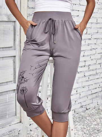 EMERY ROSE Dandelion Print Tie Front Slant Pocket Pants
