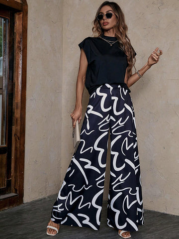 EMERY ROSE Solid Batwing Sleeve Tee & Graphic Print Wide Leg Pants