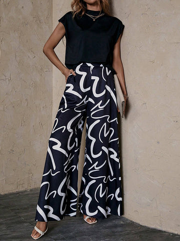 EMERY ROSE Solid Batwing Sleeve Tee & Graphic Print Wide Leg Pants