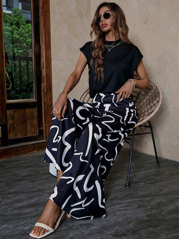 EMERY ROSE Solid Batwing Sleeve Tee & Graphic Print Wide Leg Pants