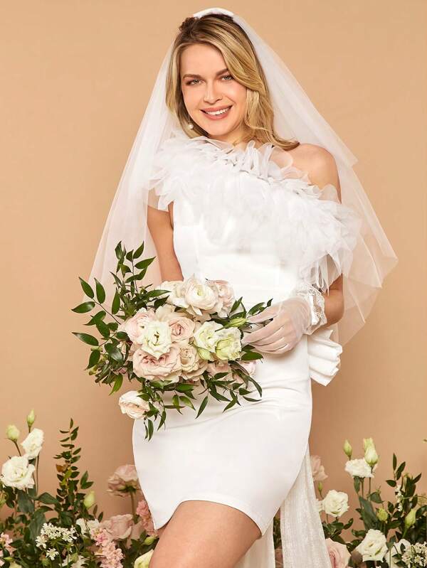 Belle One Shoulder Mesh Ruffle Detail Bow Back Bodycon Wedding Dress Without Veil