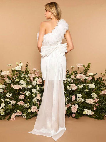 Belle One Shoulder Mesh Ruffle Detail Bow Back Bodycon Wedding Dress Without Veil