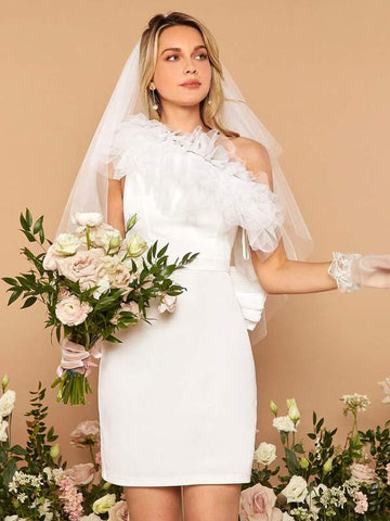 Belle One Shoulder Mesh Ruffle Detail Bow Back Bodycon Wedding Dress Without Veil