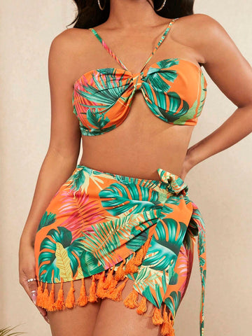 Tropical Print Cami Top & Ruffle Trim Wrap Knot Side Skirt