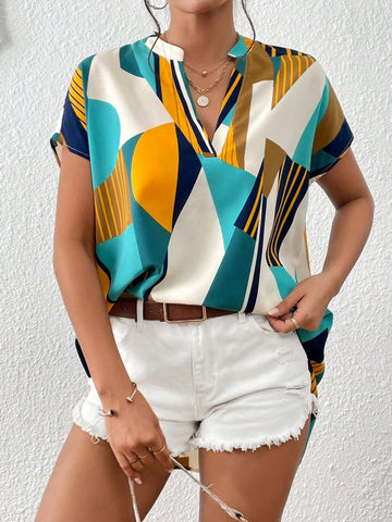 Geo Print Notched Neckline Batwing Sleeve Blouse