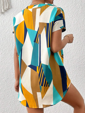 Geo Print Notched Neckline Batwing Sleeve Blouse