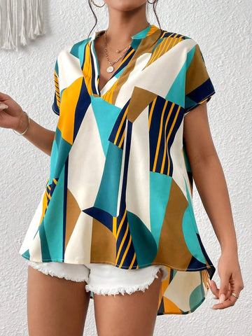 Geo Print Notched Neckline Batwing Sleeve Blouse