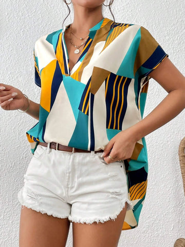 Geo Print Notched Neckline Batwing Sleeve Blouse