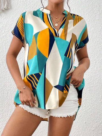 Geo Print Notched Neckline Batwing Sleeve Blouse