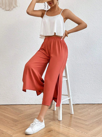 Solid Cami Top & Split Thigh Wide Leg Pants