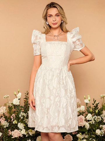 Square Neck Puff Sleeve Jacquard Flower Applique Organza Bridesmaid Dress
