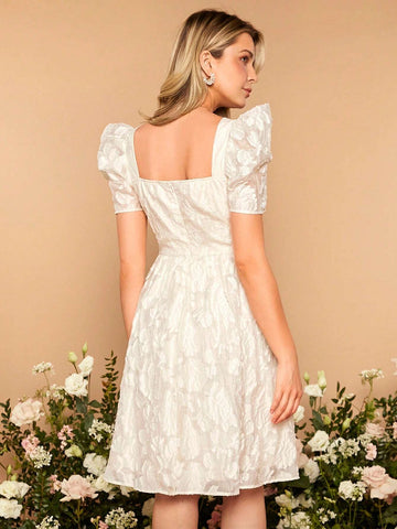 Square Neck Puff Sleeve Jacquard Flower Applique Organza Bridesmaid Dress