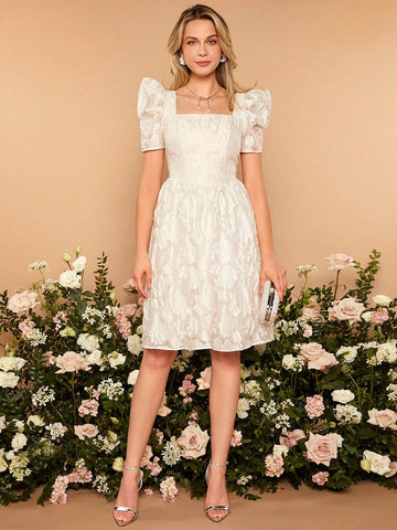 Square Neck Puff Sleeve Jacquard Flower Applique Organza Bridesmaid Dress